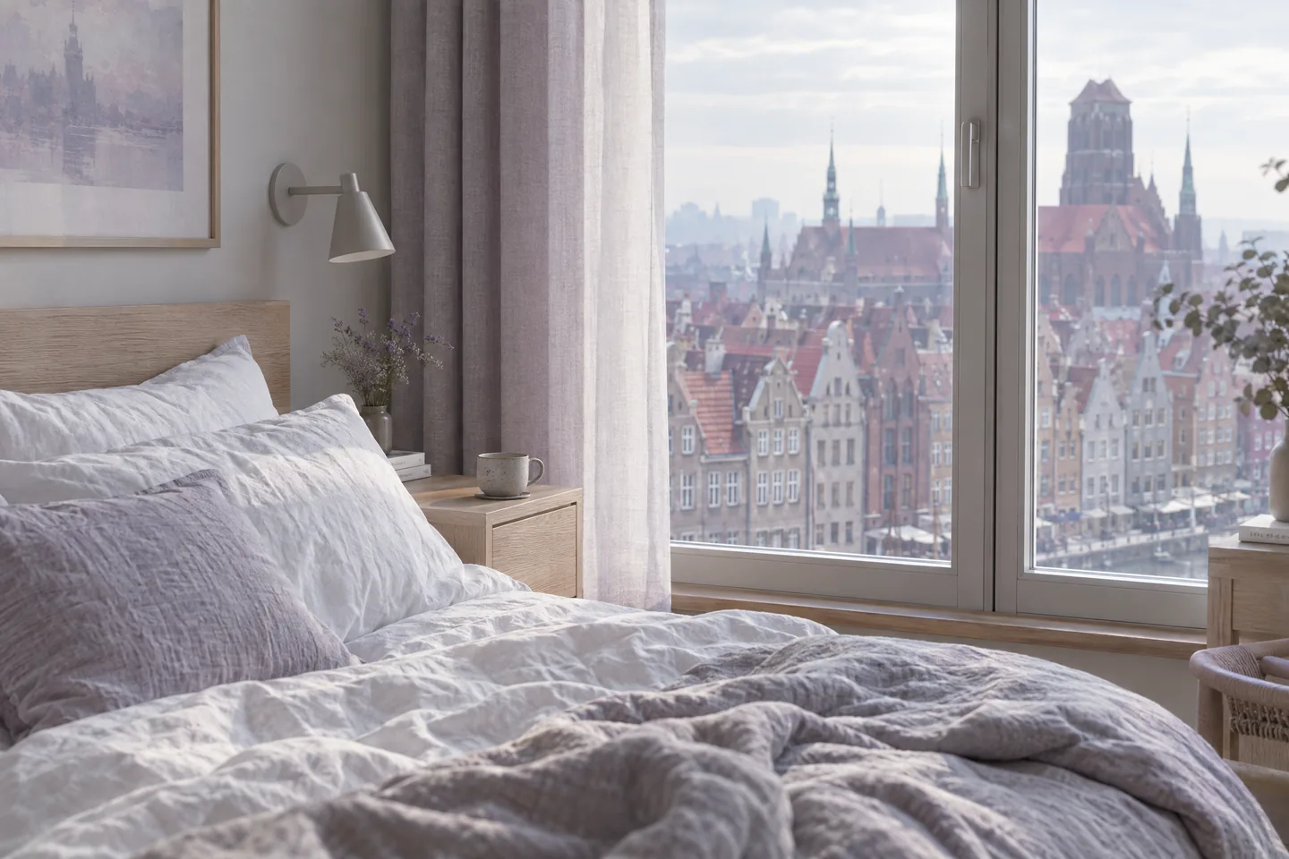 Ett lugnt hotellrum med linnesängkläder och ett fönster mot Gdańsks gamla stads tak