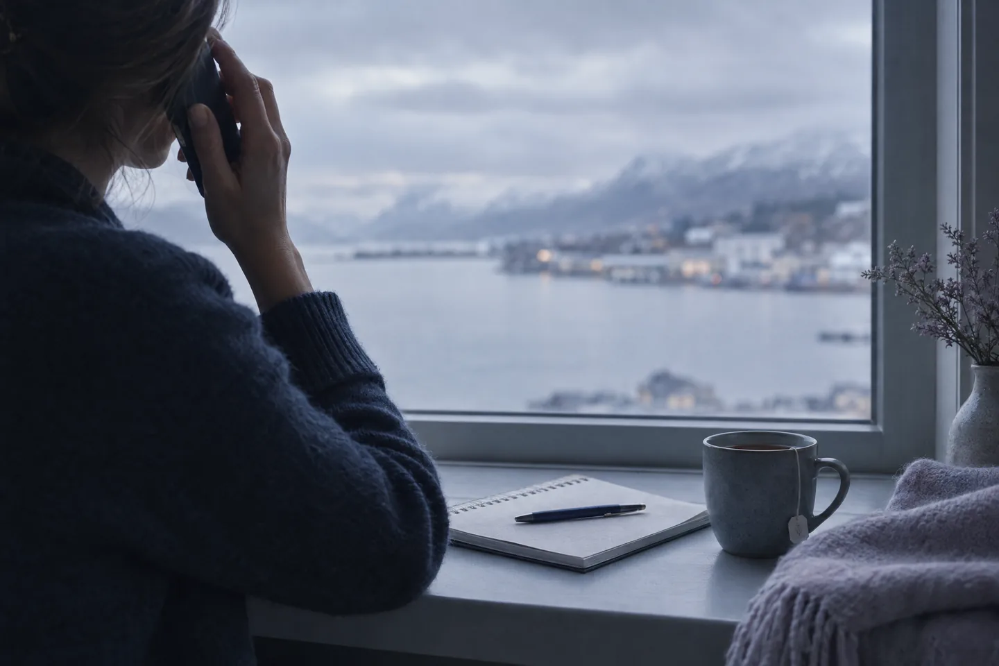 En koordinator talar i telefon vid ett skrivbord vid fönstret, med ett anteckningsblock och en kopp te